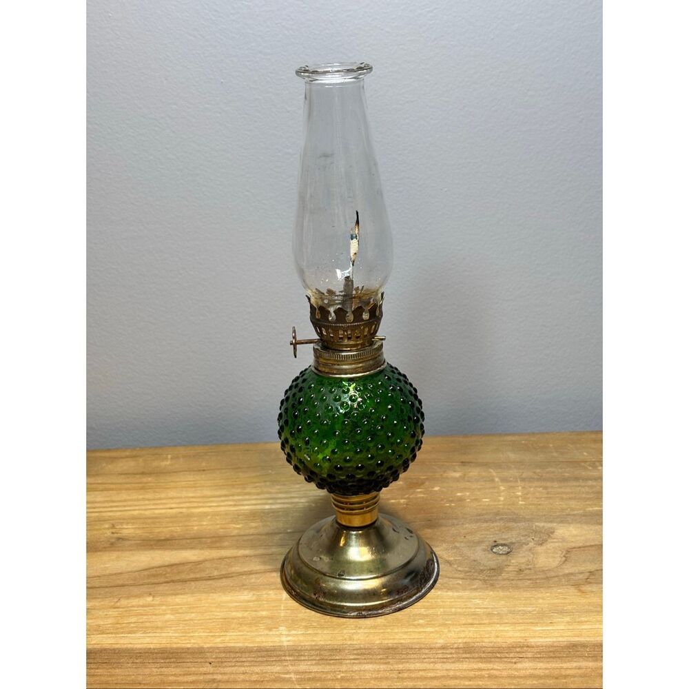 Vintage Miniature Green Hobnail Glass Oil Lamp 10”